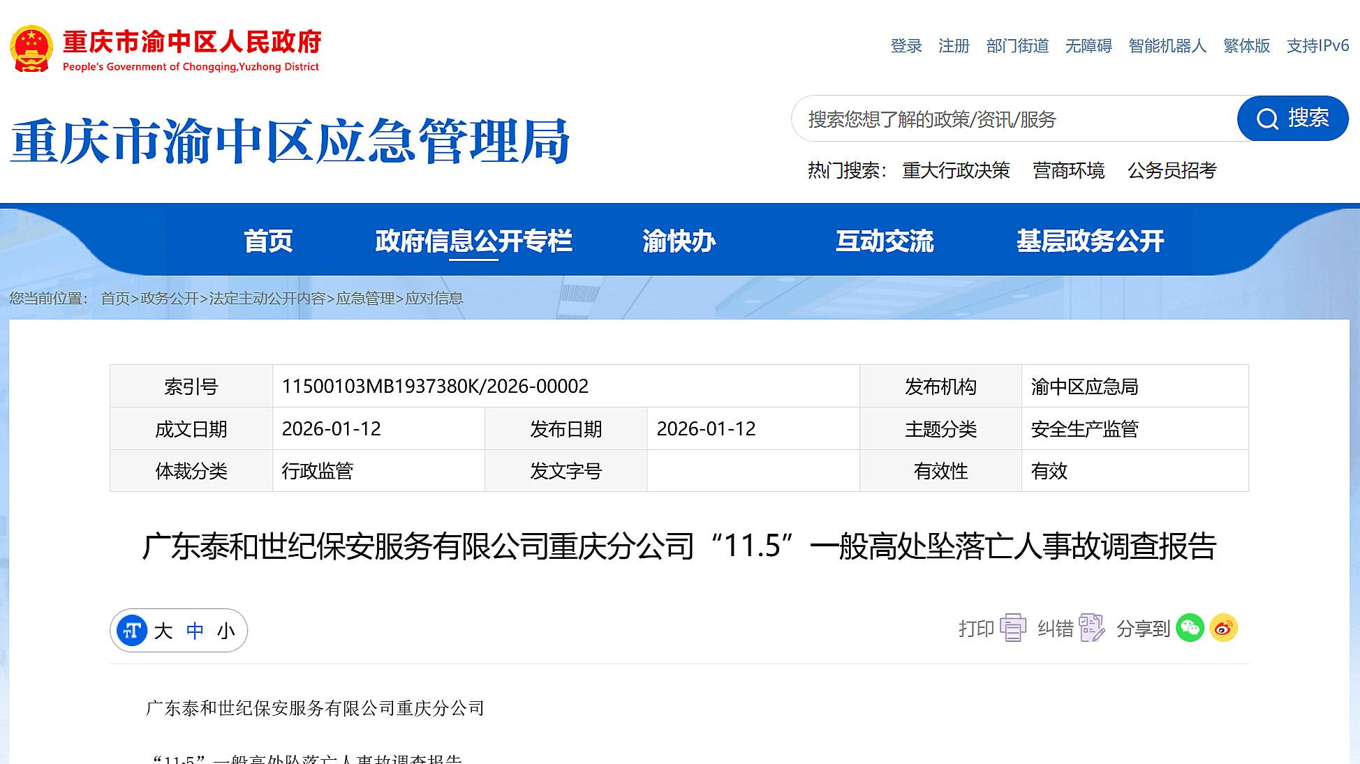 广东泰和世纪保安服务有限公司重庆分公司11·5事故调查报告公布