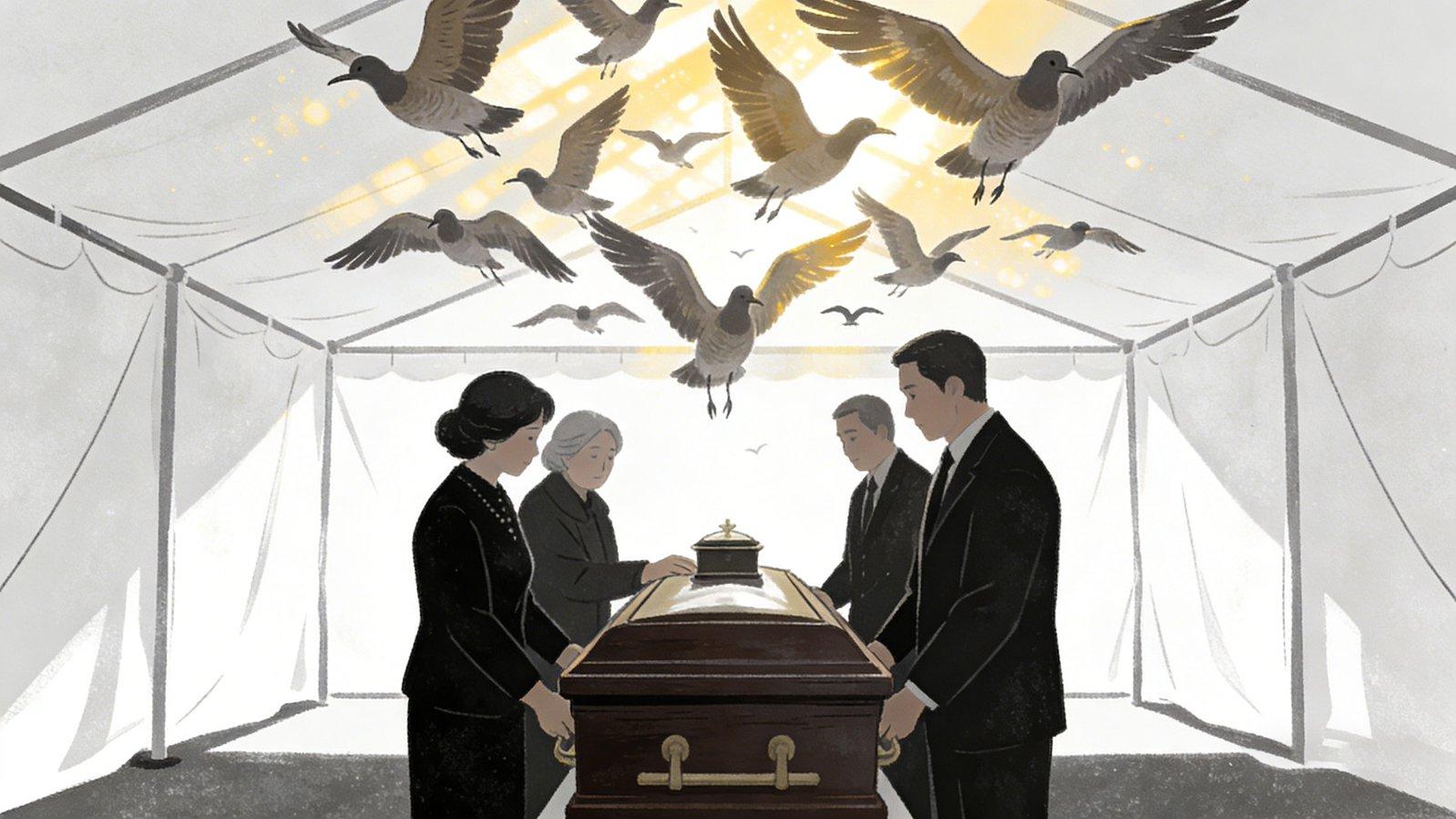 山东东营喜丧遇祥瑞，十多只大鸟守护老人灵棚