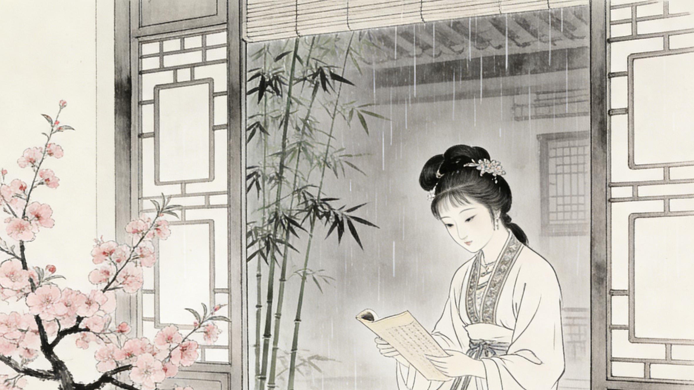 潇湘叠翠含幽意，黛玉抒怀逐景生，物我同归藏静婉