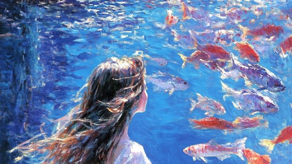 治愈感满满的水下少女厚涂油画