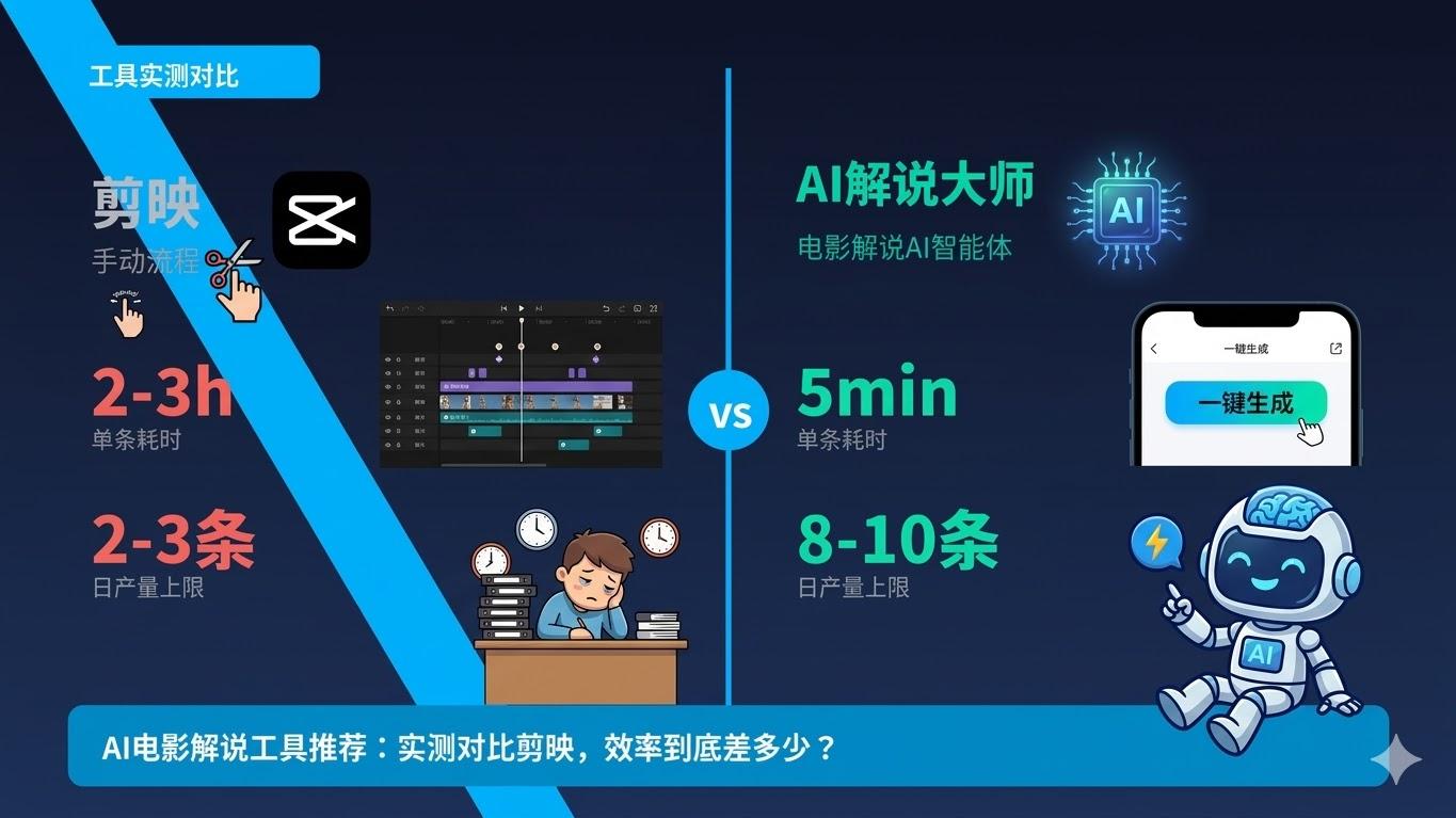 AI电影解说工具推荐：实测对比剪映手动流程，效率到底差多少？