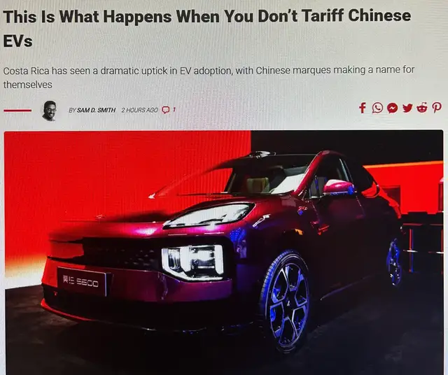 美媒如果不对电动车加关税，哥斯达黎加就是一个好榜样