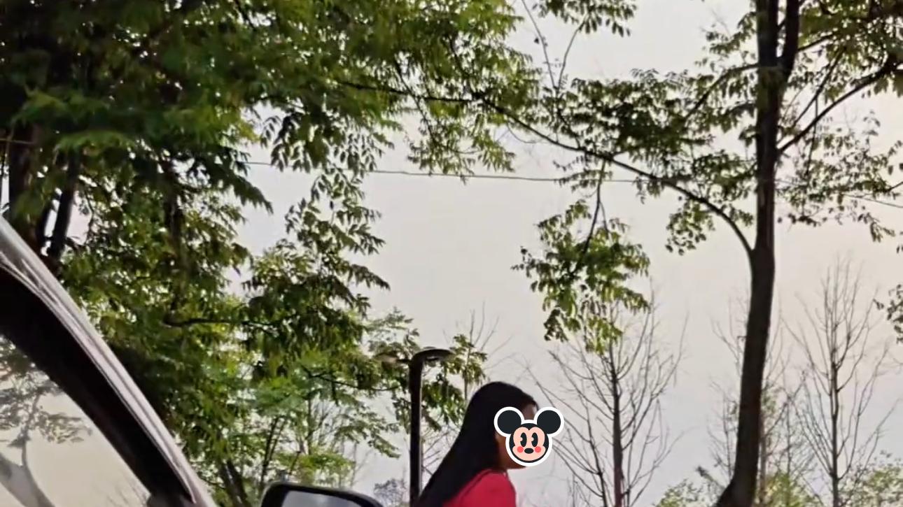 女子骑着电车到郊外，停好电车后又上一辆车，上去前还东张西望的
