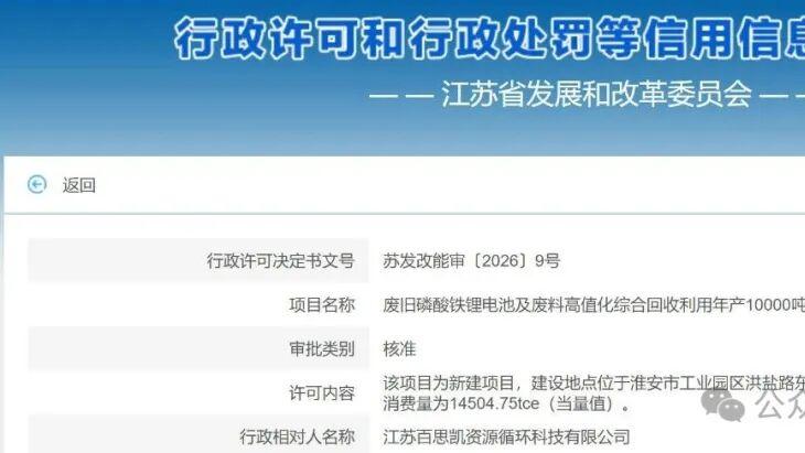 江苏淮安8.4亿元废旧磷酸铁锂电池高值化综合回收利用项目落地