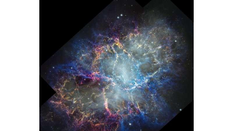 哈勃望远镜显示蟹状星云丝状体以每小时340万英里的速度向外飞驰