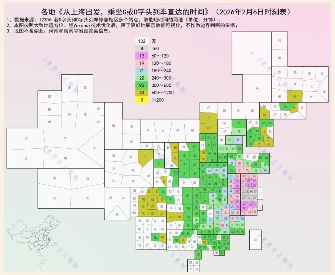 从上海出发，乘坐G或D字头列车，直达各地需要多长时间