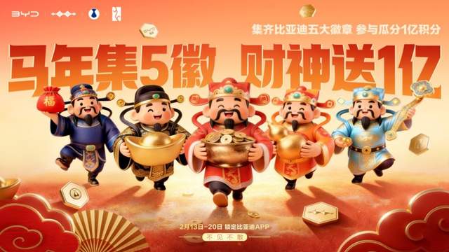 比亚迪春节宠粉1亿积分大派送，集齐五徽就能瓜分