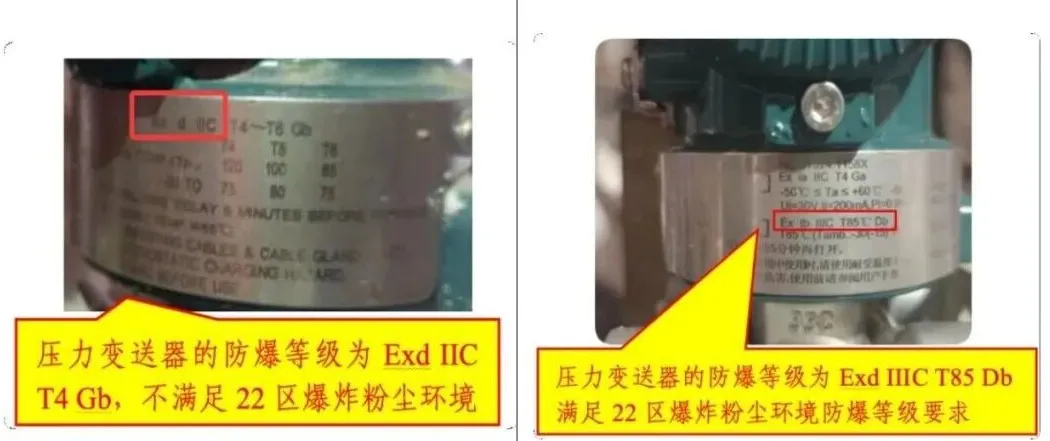 粉尘爆炸车间（22 区）压力变送器的防爆等级为 Exd IIC T4 Gb
