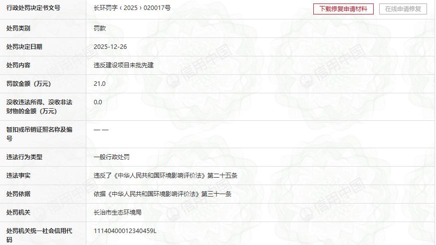 未批先建违反环评法 山西反坡清洁能源科技公司被罚21万元