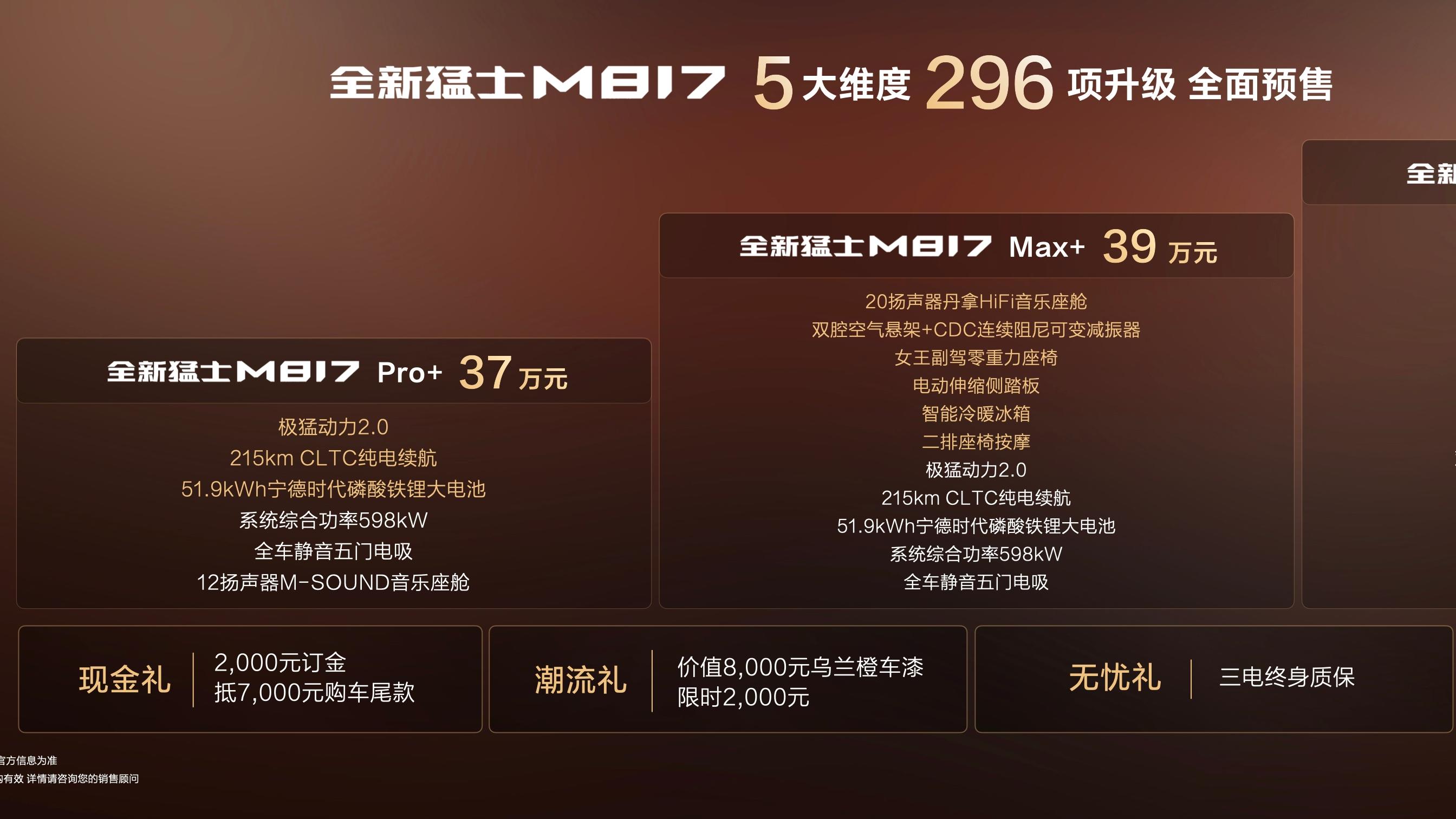 华为全家桶加持/301km纯电续航！全新猛士M817开启预售：37万起
