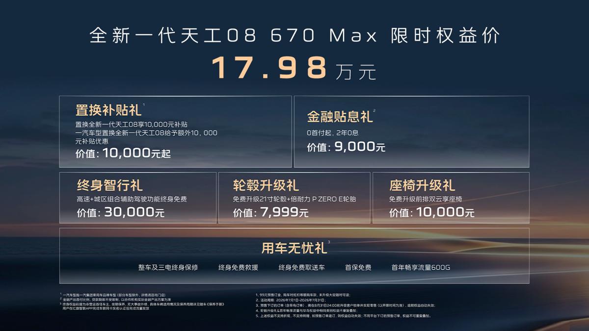 三电终身保修 全新一代天工08限时权益价17.98万元