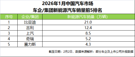 比亚迪稳坐1月新能源汽车销冠，头部优势进一步扩大