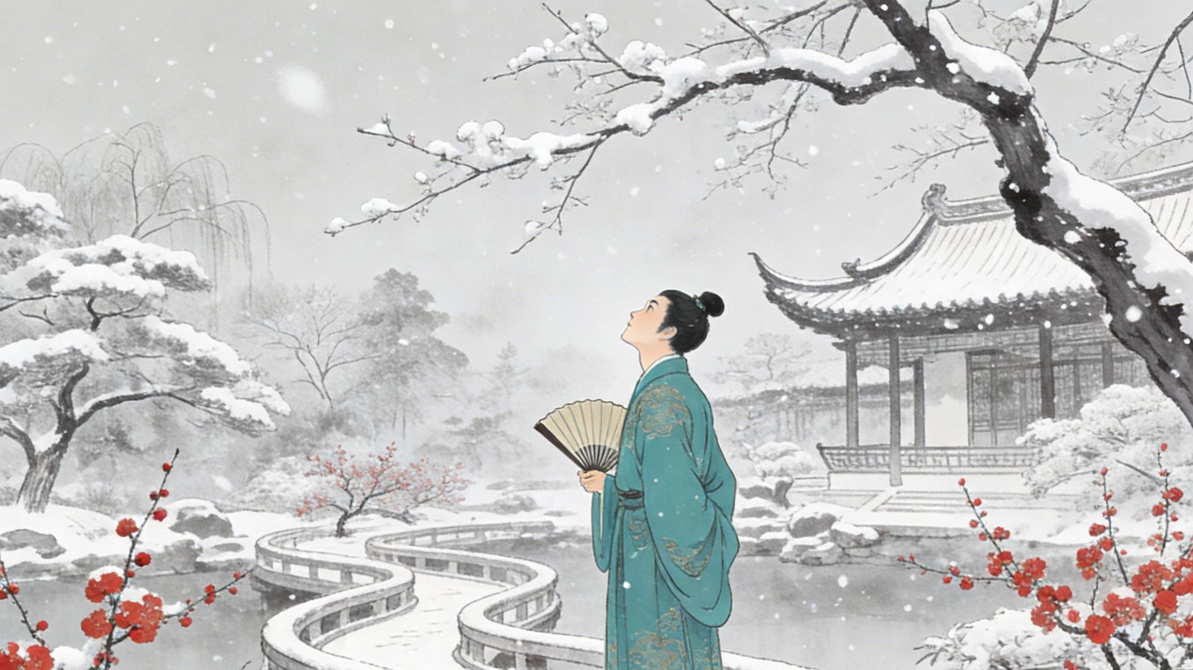 古苑琼芳覆黛瓦，曲廊踏雪访亭台，寒枝映景锁清欢