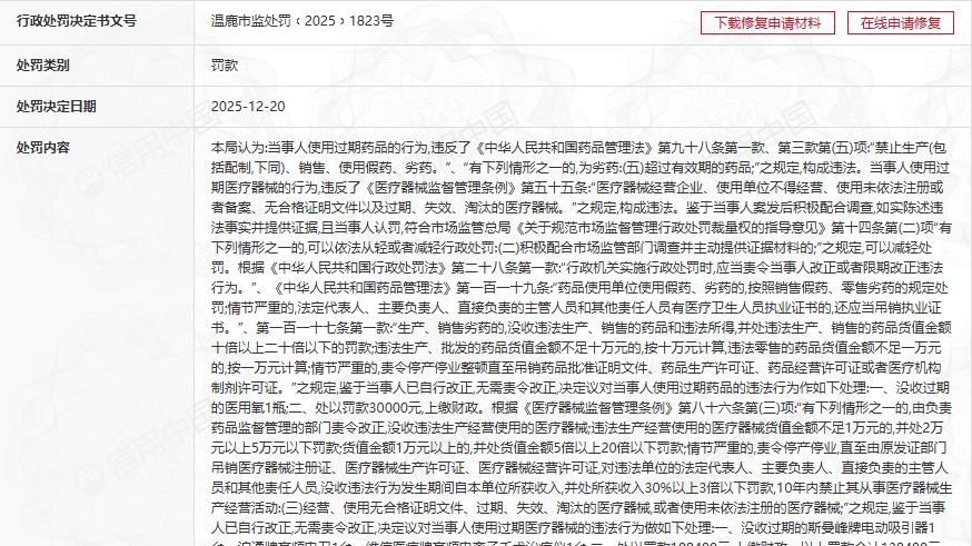 使用过期药械涉险 温州鹿城柏荟医美被罚13.84万元