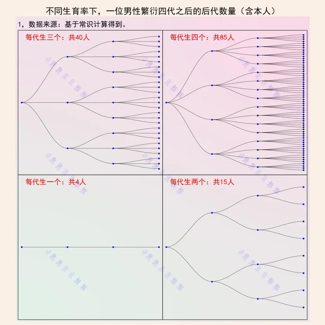生一个、生两个、生三个，四代（百年）之后会有多大差异