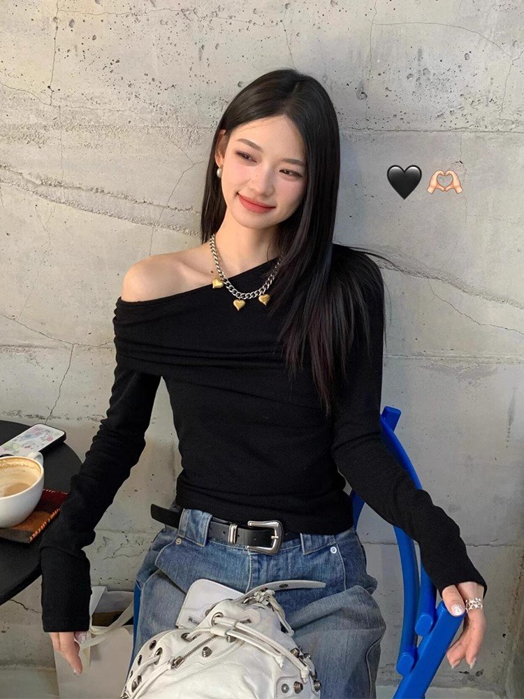 美式辣妹黑色内搭长袖t恤女早春修身高腰短