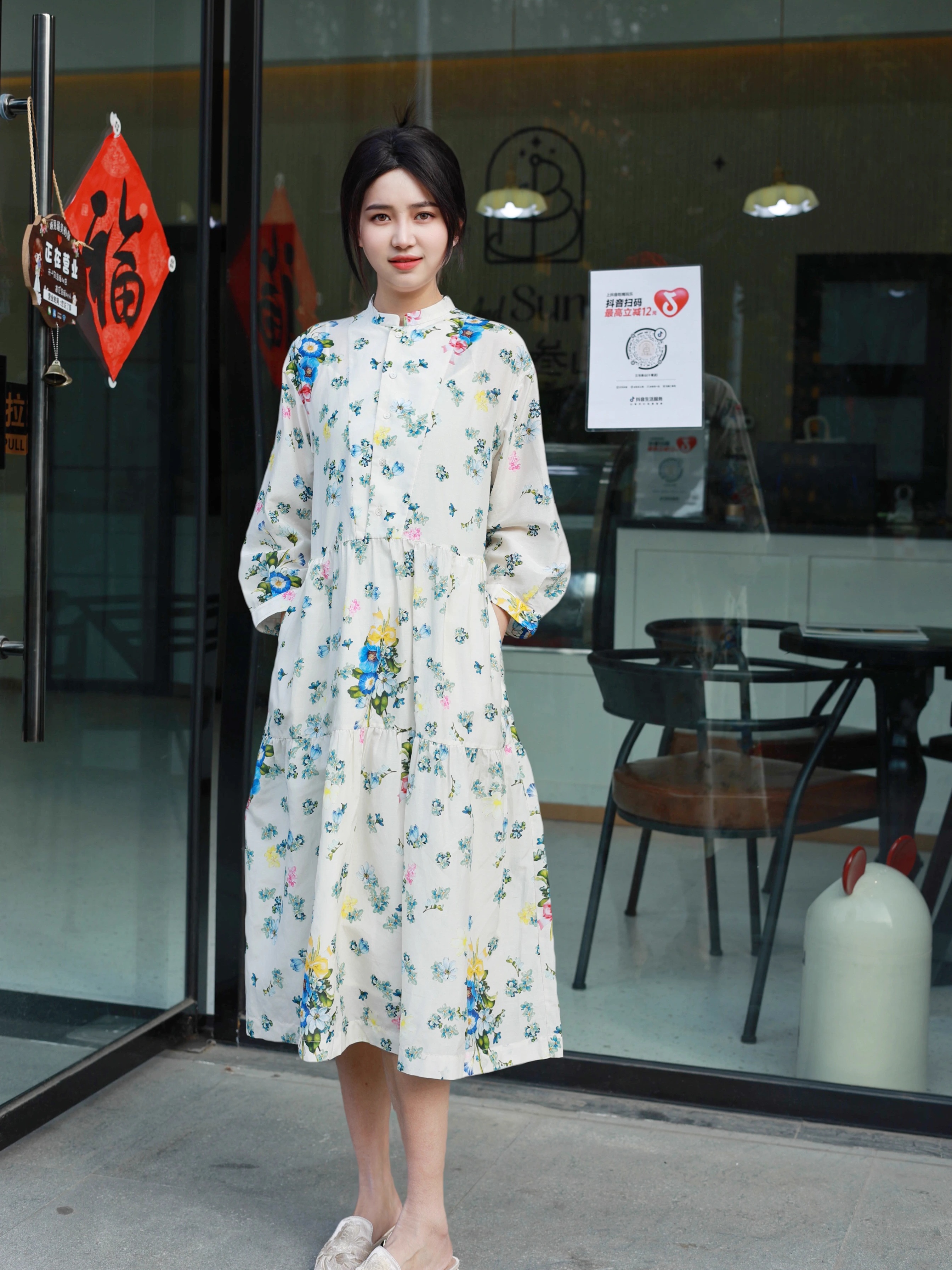 丝棉印花连衣裙女收腰碎花a字裙