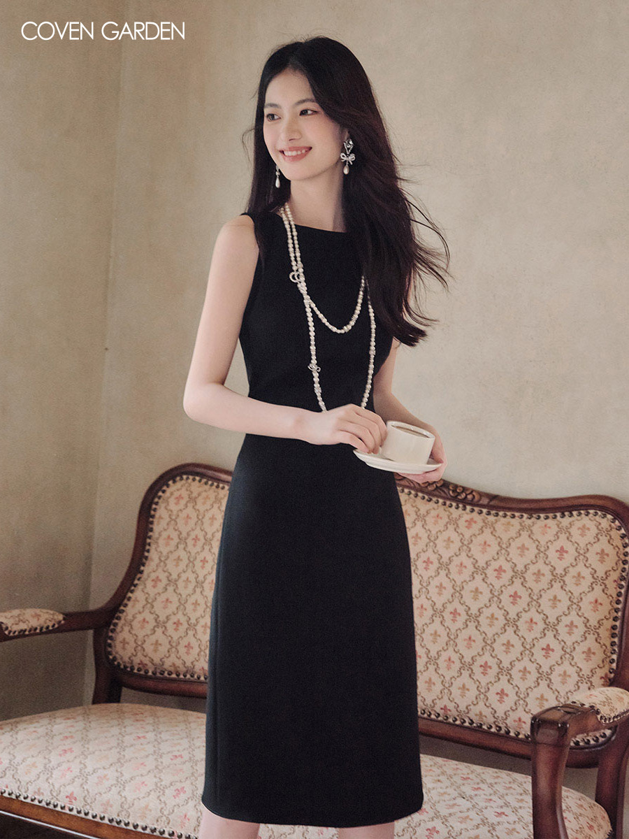 醋酸名媛黑色修身无袖连衣裙