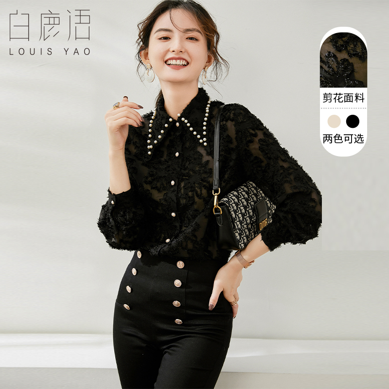 白鹿语植绒剪花仿珍珠POLO领衬衫春款复古港味减龄长袖衬衣女
