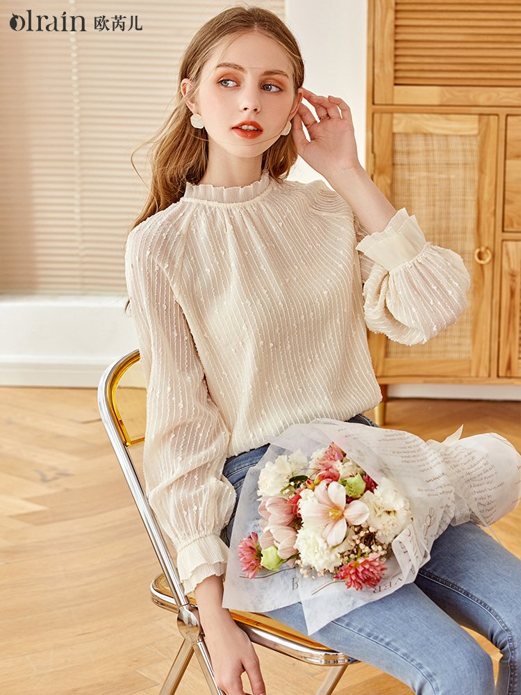 别致精美！波浪边小立领长袖衬衫