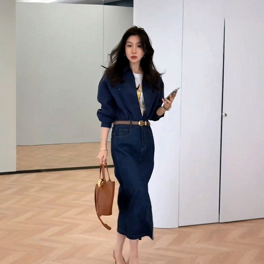 春季高级感法式蓝色牛仔连衣裙韩系收腰裙子