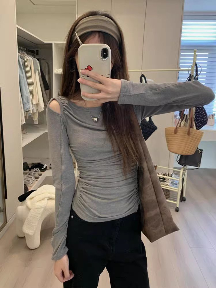 美式辣妹灰色露肩长袖t恤女春秋修身短款打