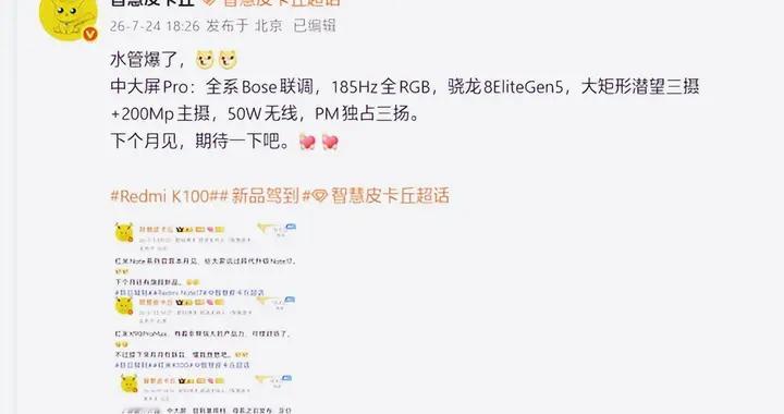 185Hz屏+2亿像素+Bose音响，红米K100进场，情怀粉先忍忍