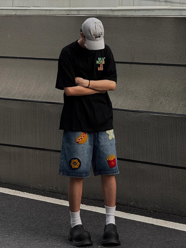 汉堡薯条毛巾绣牛仔短裤男夏季cleanf