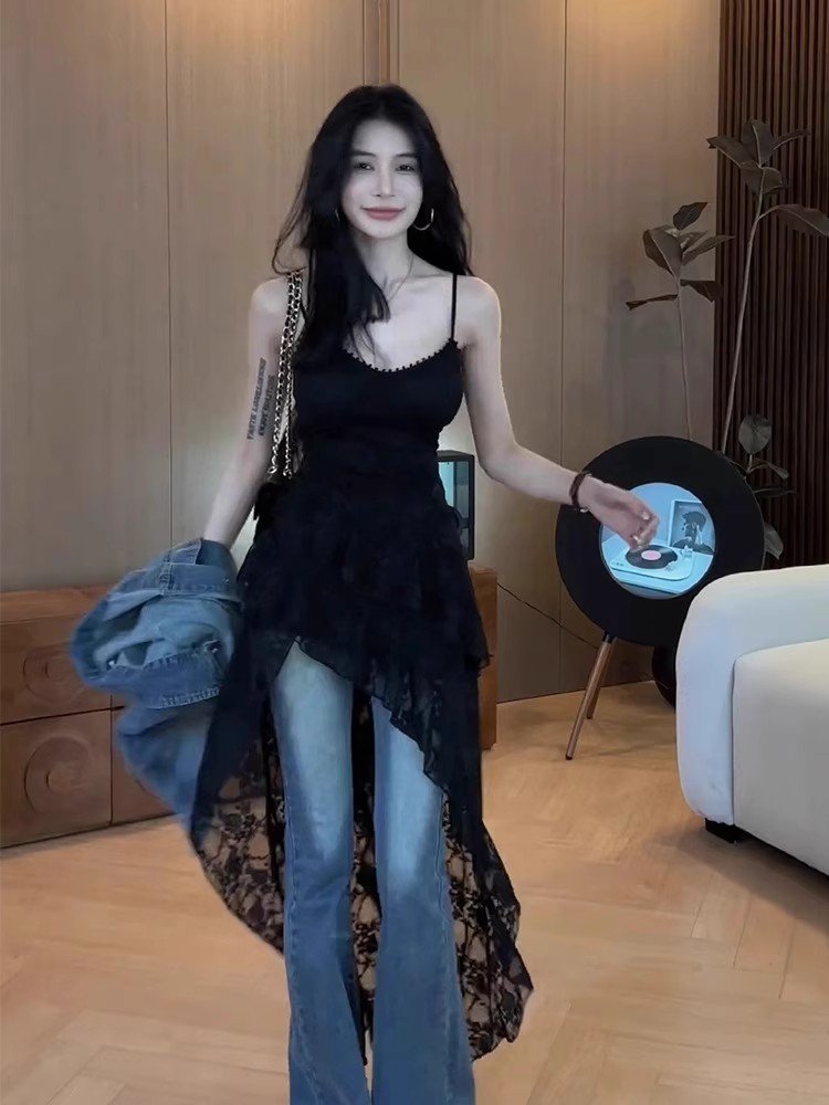 法式黑色蕾丝大领口吊带长裙子女夏季小黑裙