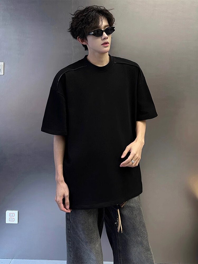 黑色双拉链装饰短袖男款夏季高级感痞帅设计