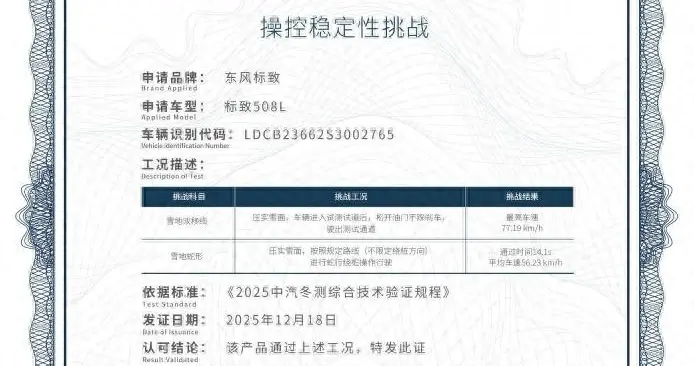 实力打造安全 东风标致508L通过2025极寒驾驶控制严格测试