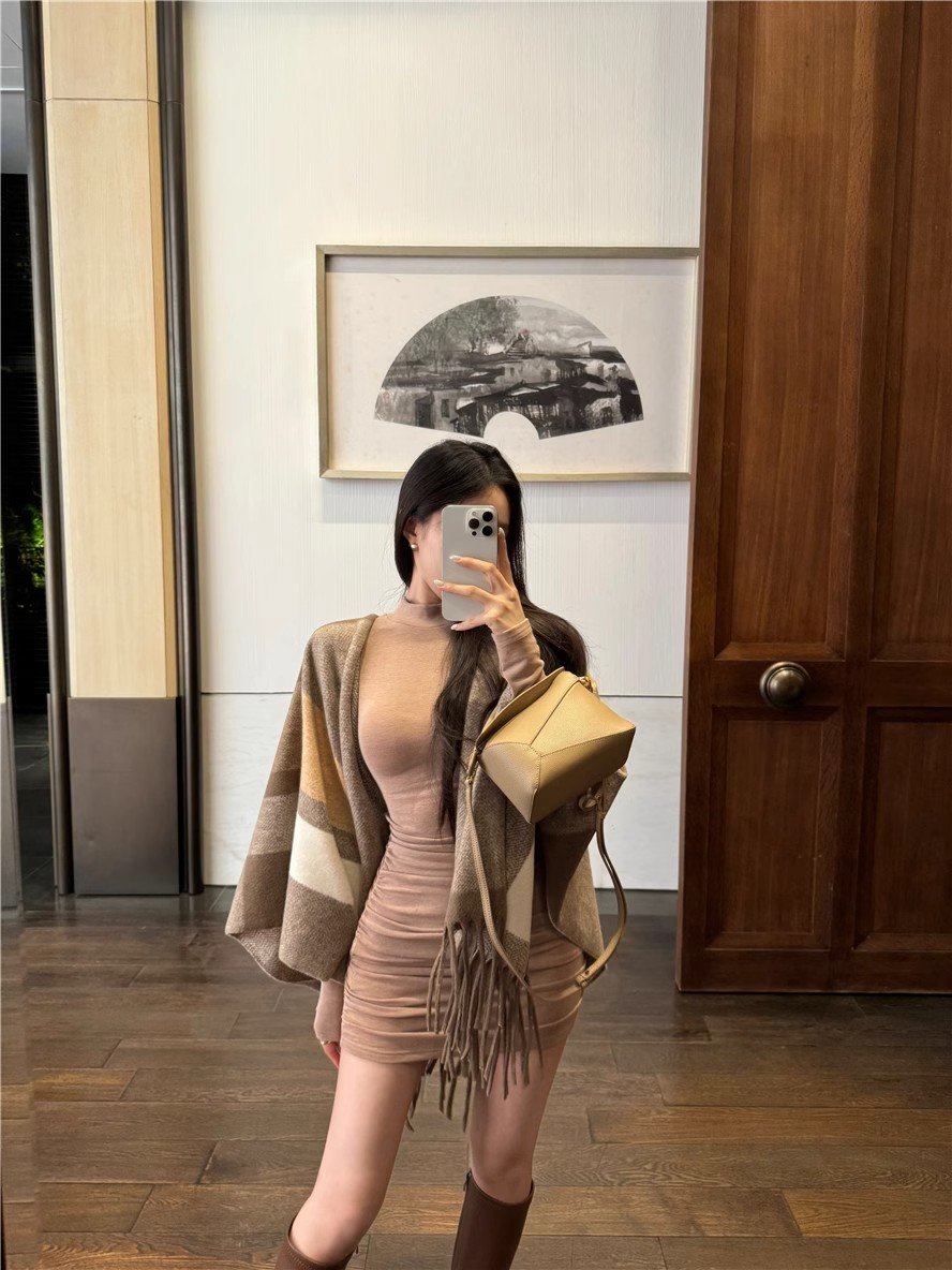 法式浅色半高领连衣裙女冬季御姐轻熟风穿搭