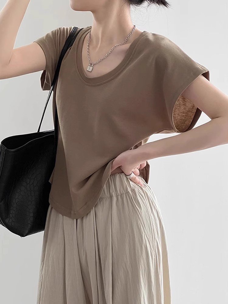 小个子宽松慵懒风u领杏色小飞袖t恤女夏季