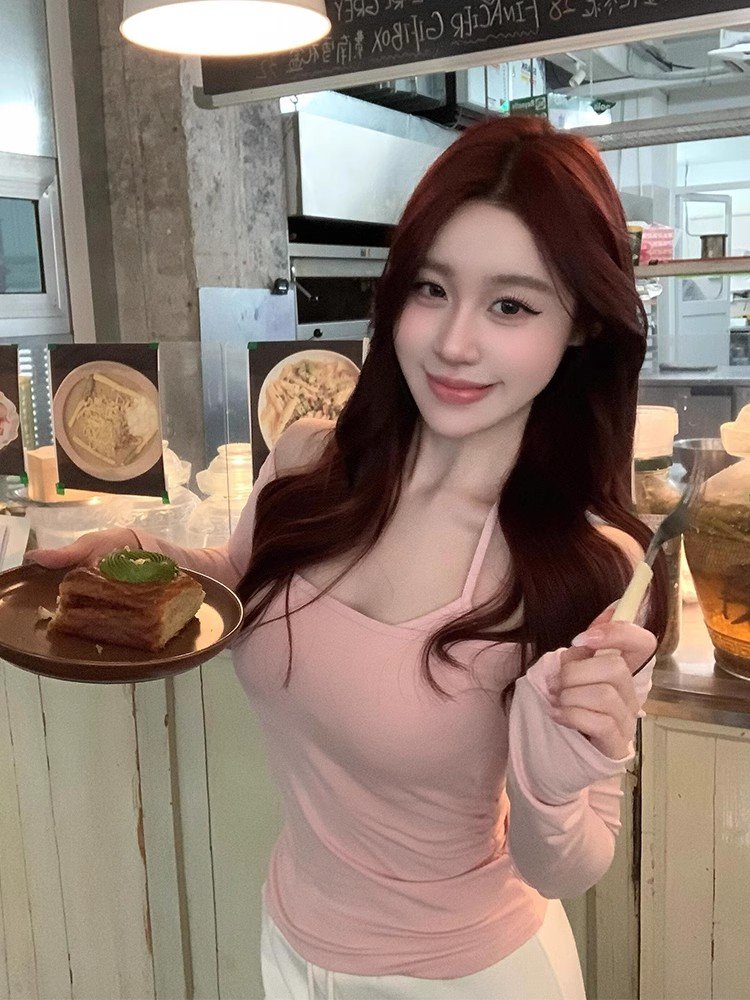 韩系内搭粉色大领口长袖t恤女早春修身紧身