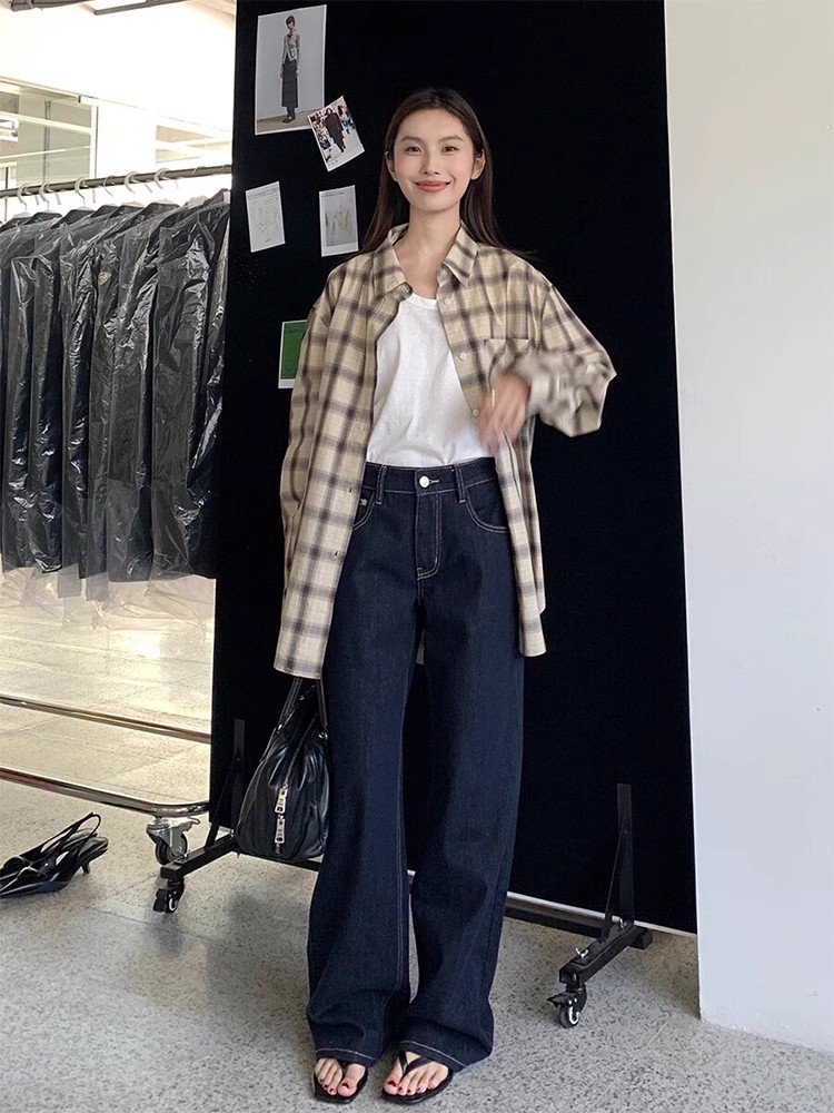 韩系撞色格子polo领长袖衬衫外套女春秋