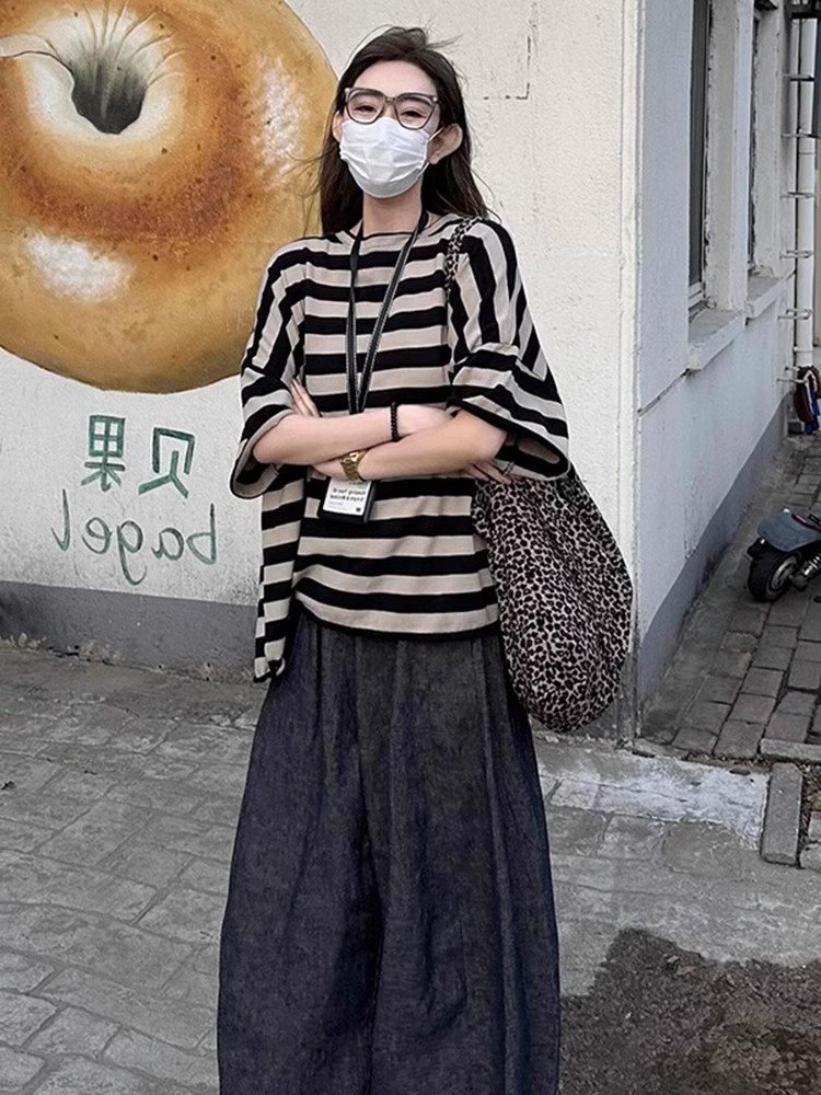 撞色条纹正肩短袖T恤女夏季2025年新款