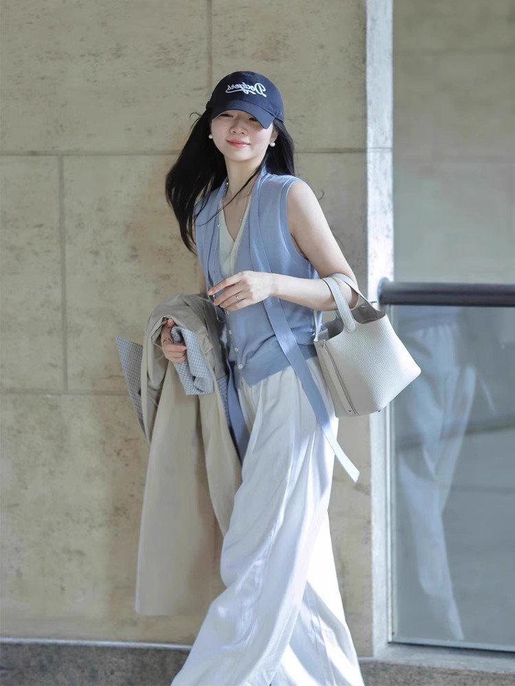 韩系蓝色v领假两件无袖背心t恤女夏季小个