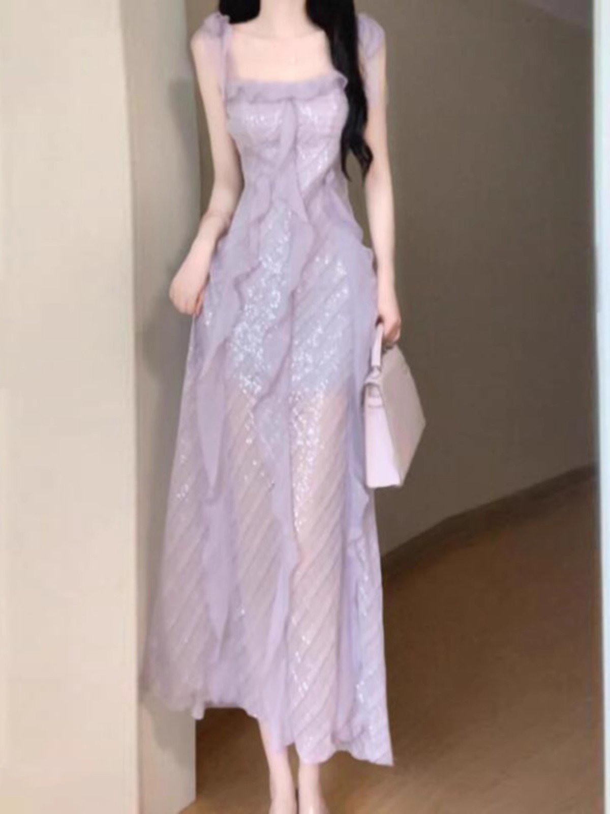 法式紫色亮片吊带连衣裙女春夏气质高级感