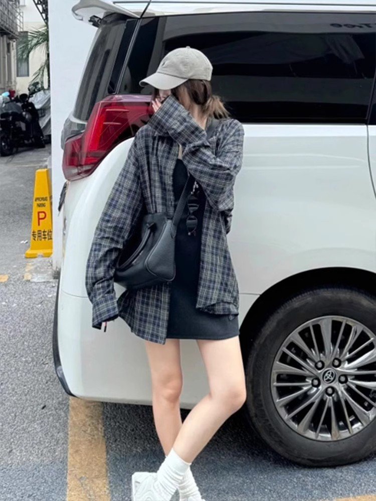 美式复古撞色格子Polo领衬衫外套女早春