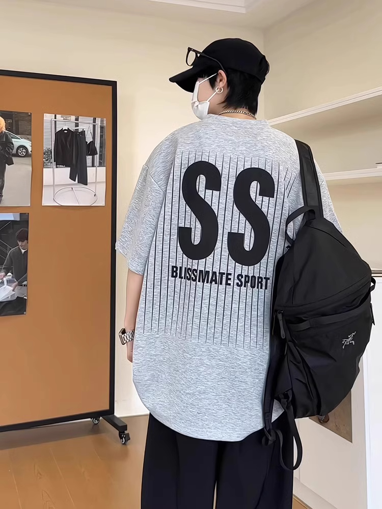 灰色字母印花t恤男款夏季美式高街重磅纯棉