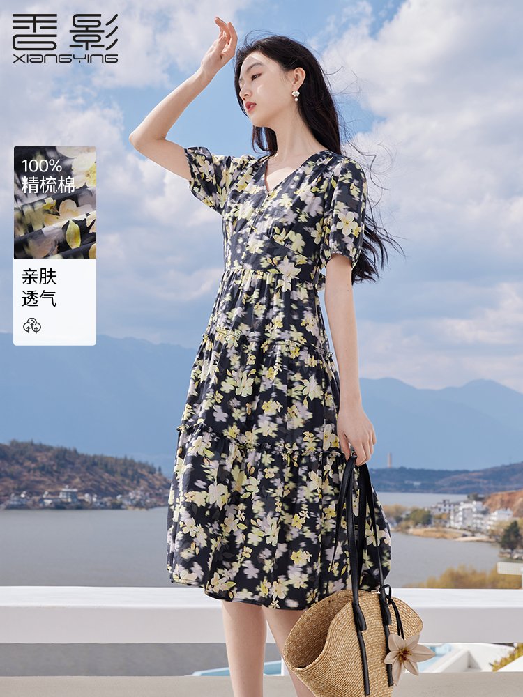 香影紫色碎花v领连衣裙女