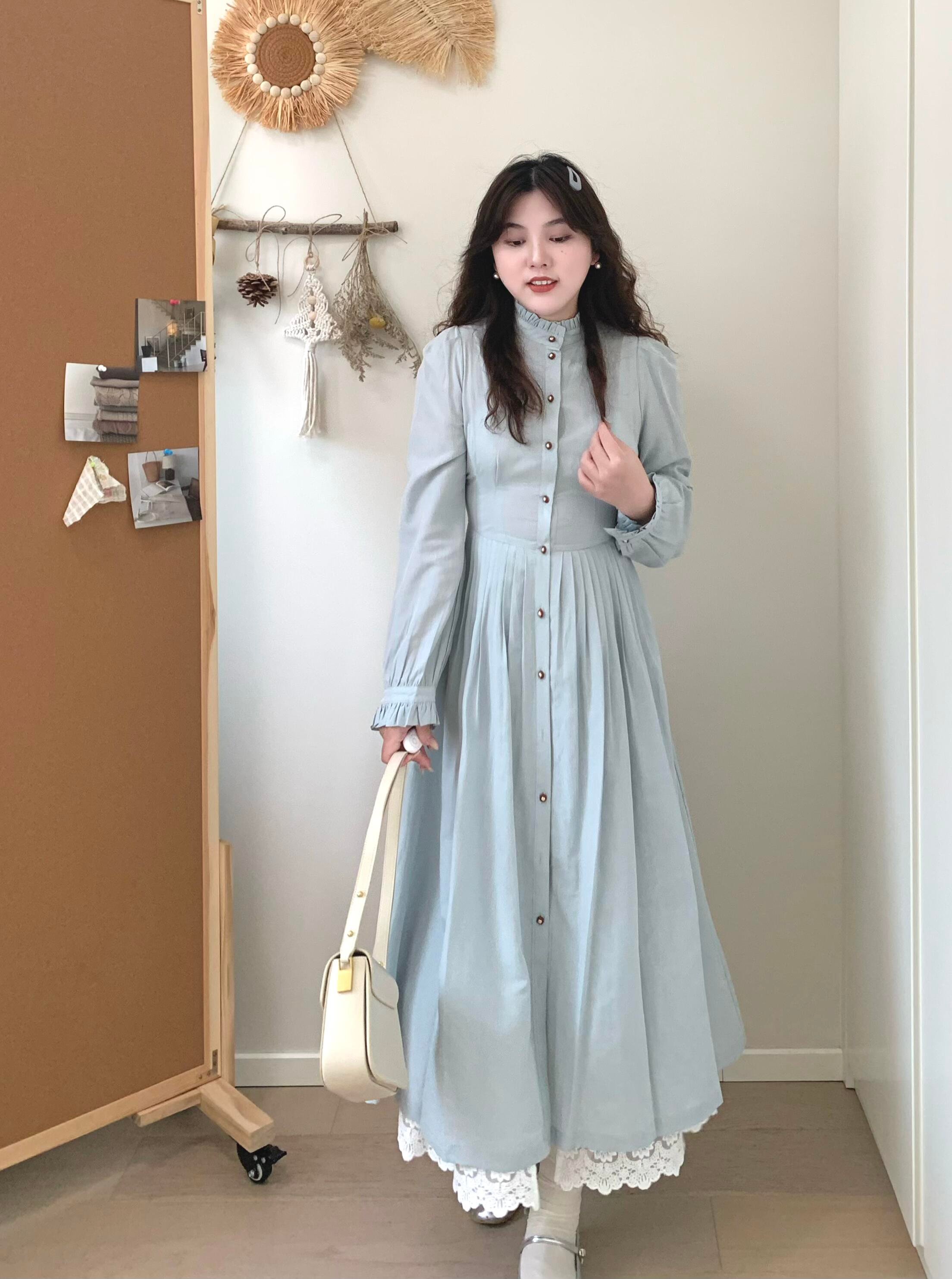 蓝色长袖衬衫长裙小个子法式气质高级感