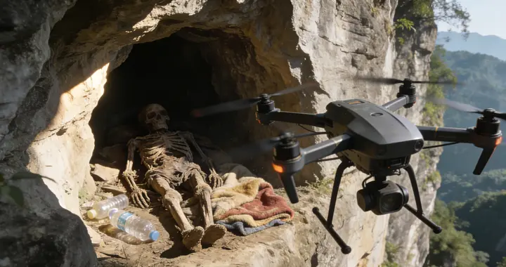 无人机航拍穿透百米崖洞！镜头惊现蜷缩干尸，家属哭谢找了三个月