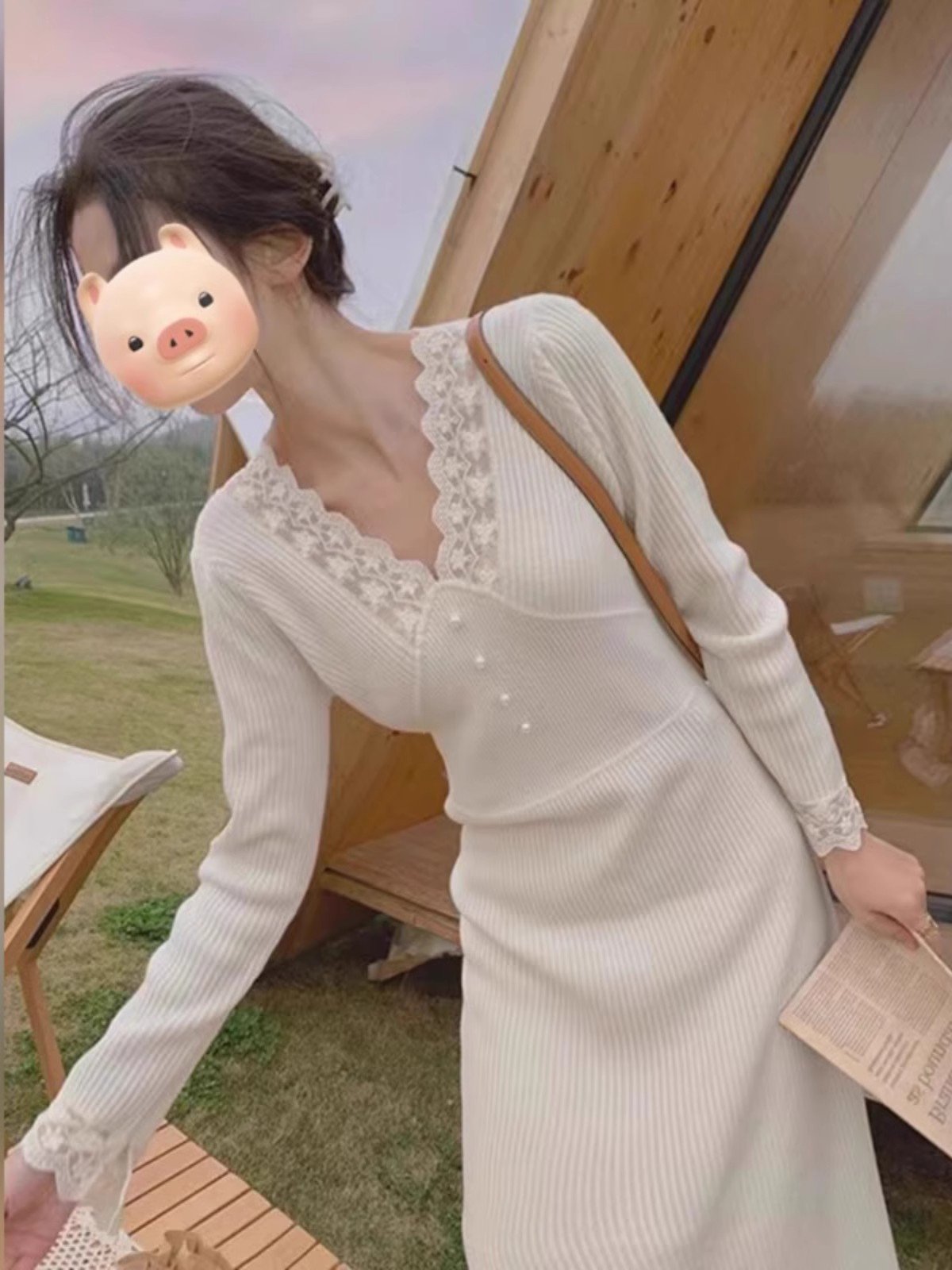 小香风白色蕾丝针织连衣裙女秋冬名媛v领气