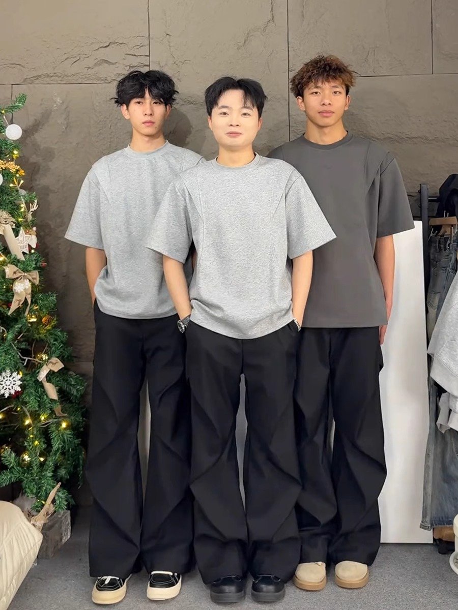 浅灰色解构拼接短袖男款夏季小领口正肩t恤