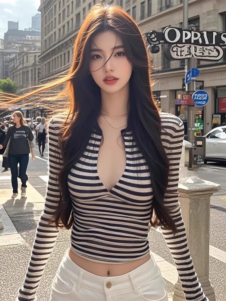 小个子甜辣chic条纹短款内搭打底衫小上