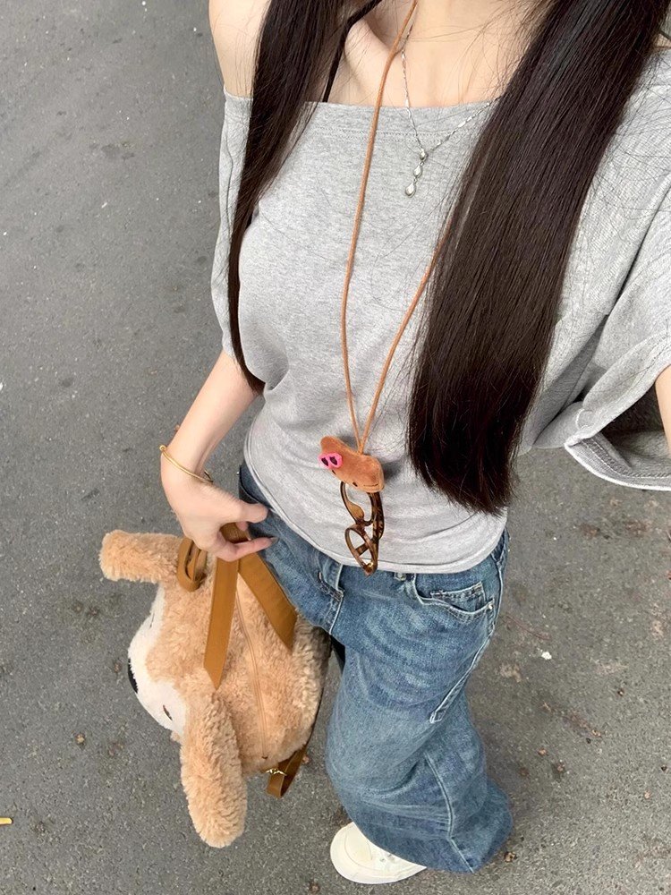 法式灰色斜肩型宽松掐腰设计感上衣女夏季独