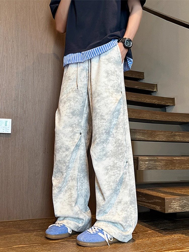 扎染脏赃裤子男款春秋美式复古褶皱宽松阔腿