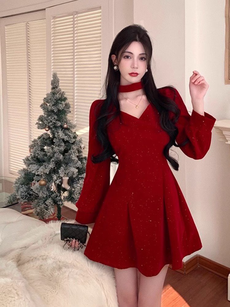 法式红色丝绒连衣裙女秋冬圣诞穿搭气质高级