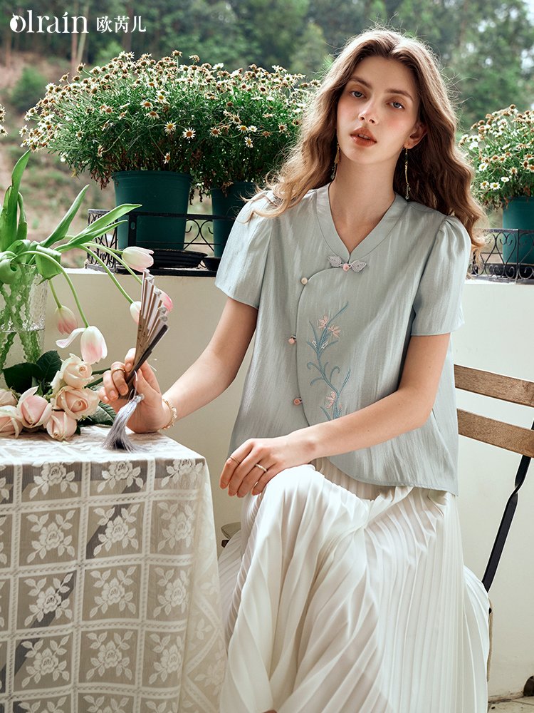 新中式国风薄荷曼波色雪纺衫绣花衬衫